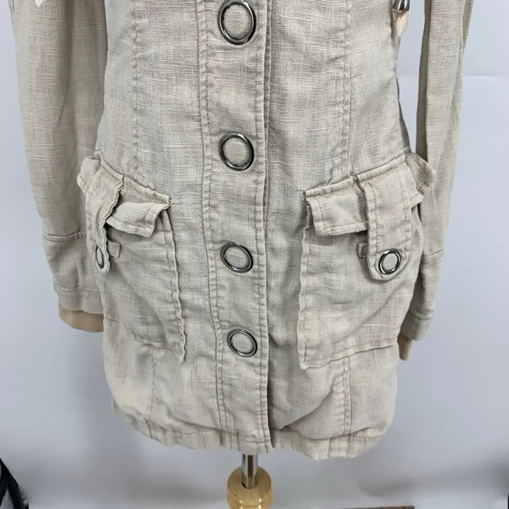 Free People Jacket Womens 0 Beige Ramie Metal Snap Pockets Military Trench Boho